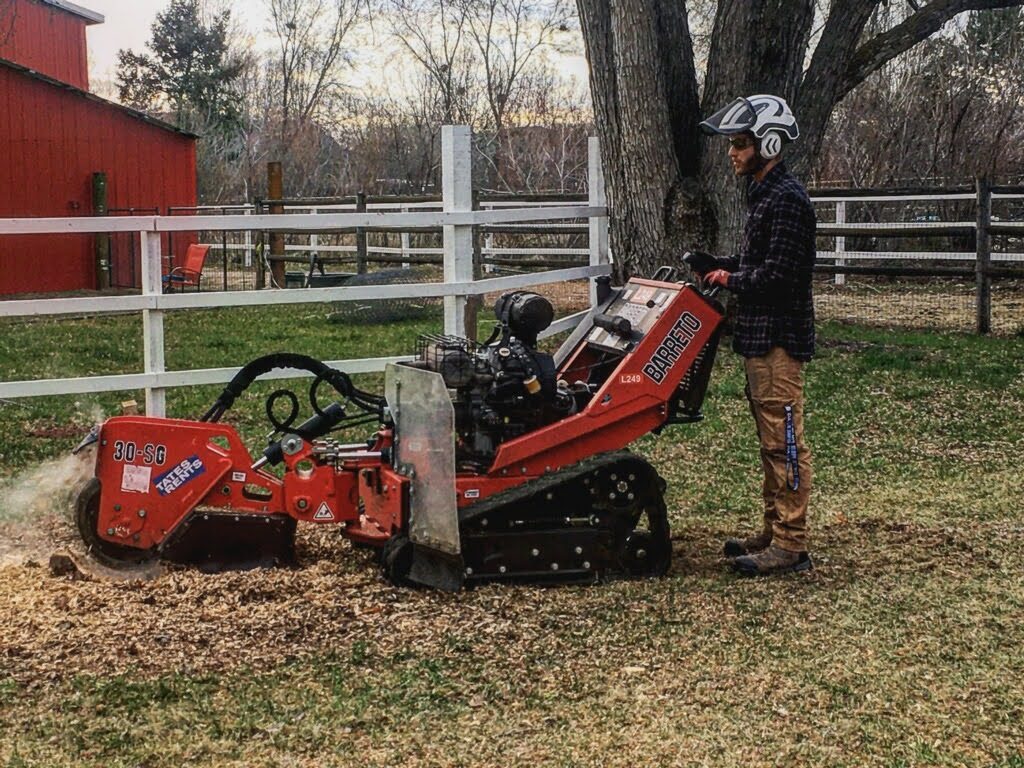 A Tapson&rsquo;s operator in a helmet and safety glasses running a tracked stump grinder at the base of a large tree, chips spraying out across the grass.