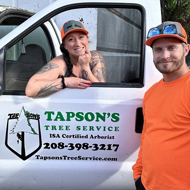 Two of the Tapson&rsquo;s team beside the company truck &mdash; one leaning out of the open cab window, one standing alongside in an orange Tapson&rsquo;s shirt. The door carries the tree-and-climber logo, &lsquo;ISA Certified Arborist&rsquo; and the phone number.